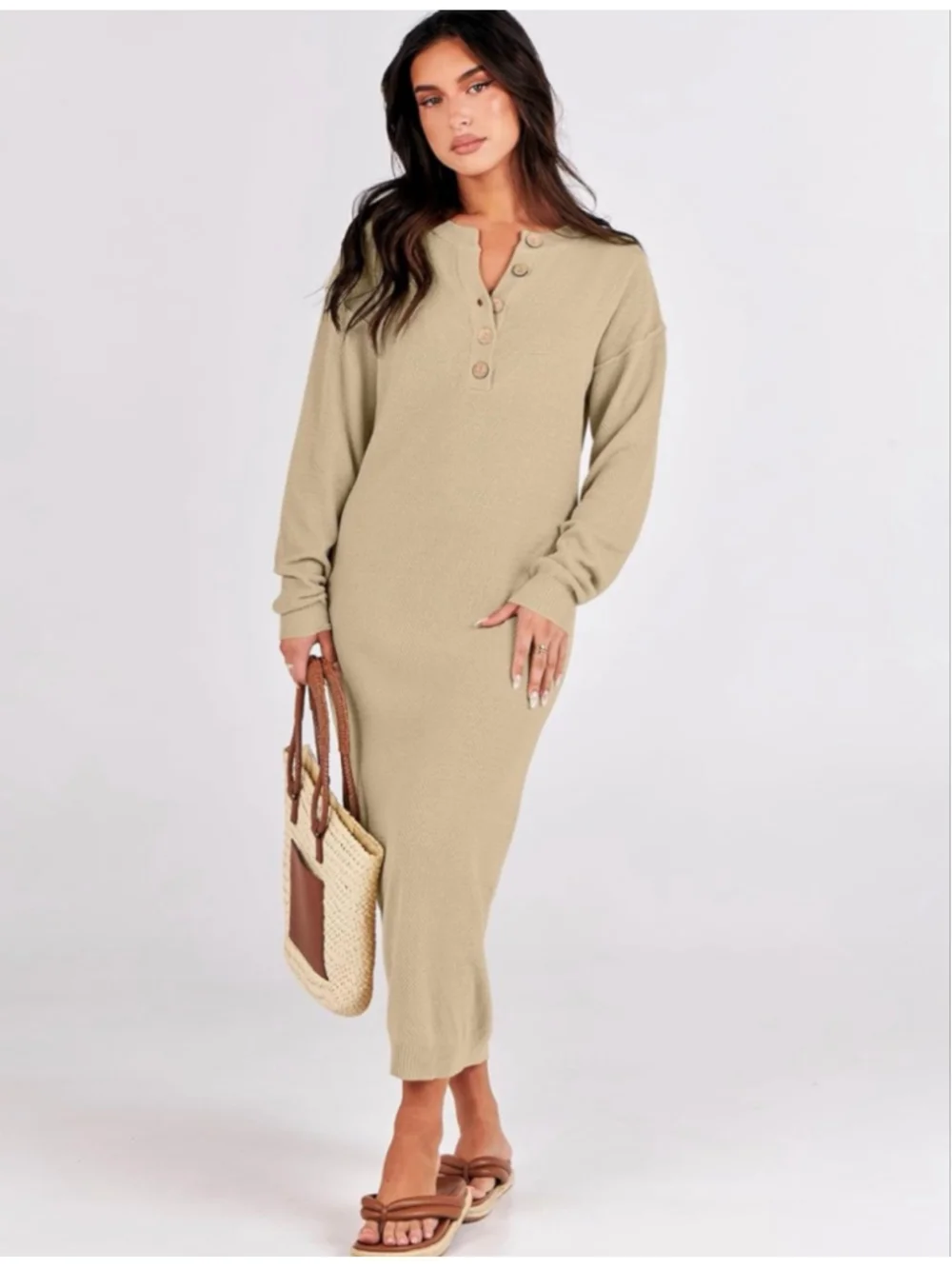 NEW ANRABESS Long Sleeve Button V Neck Oversized Sweater Waffle Midi Dress M - Picture 5 of 6